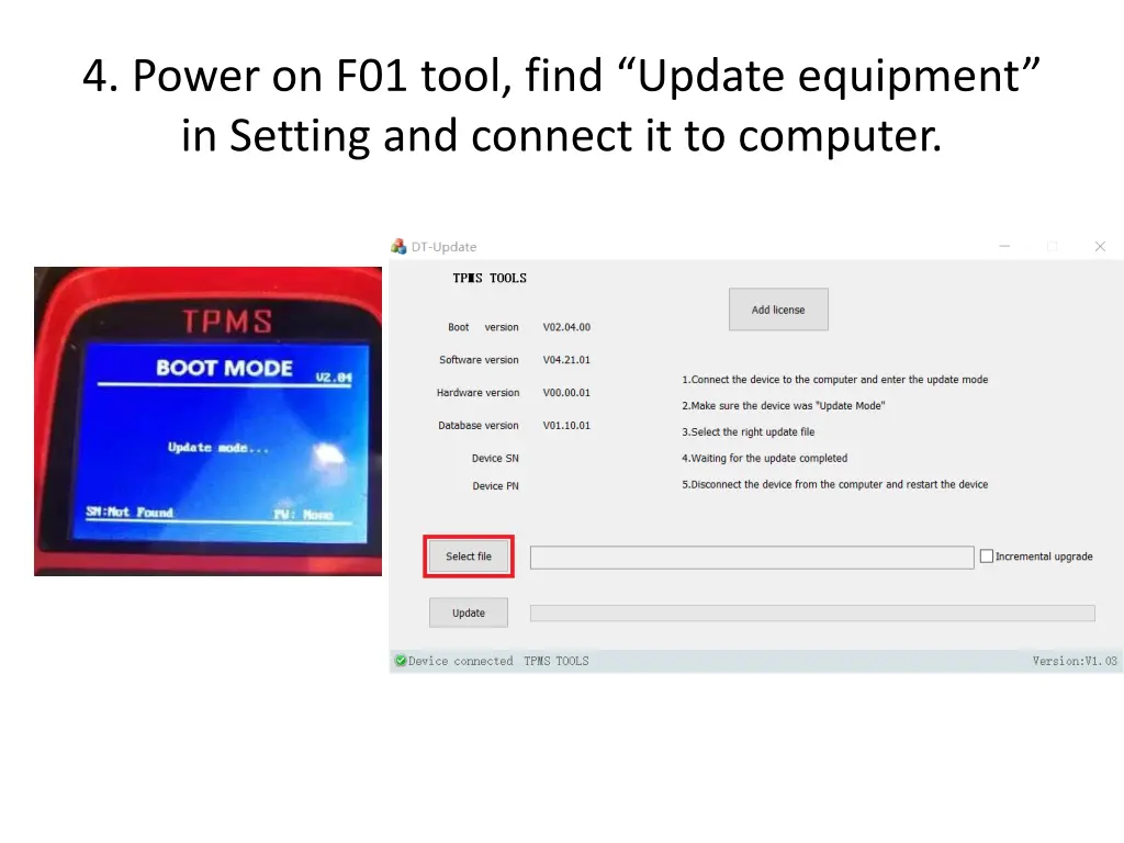 4 power on f01 tool find update equipment