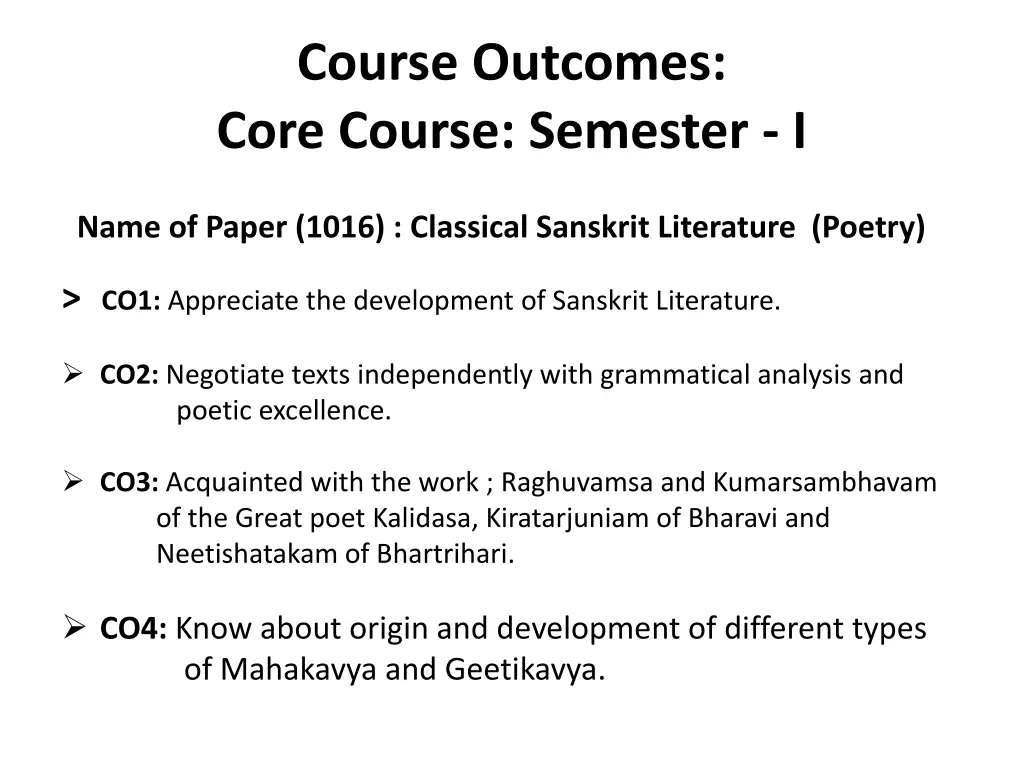 course outcomes core course semester i