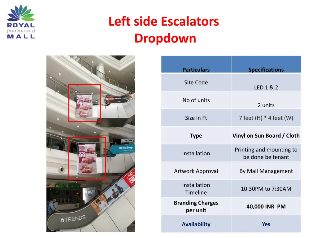left side escalators dropdown