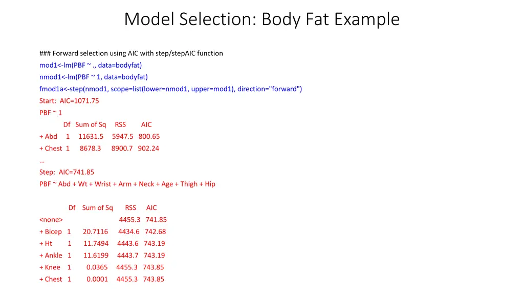model selection body fat example 1