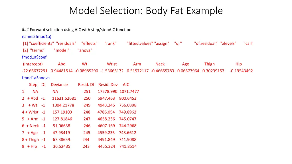 model selection body fat example 2