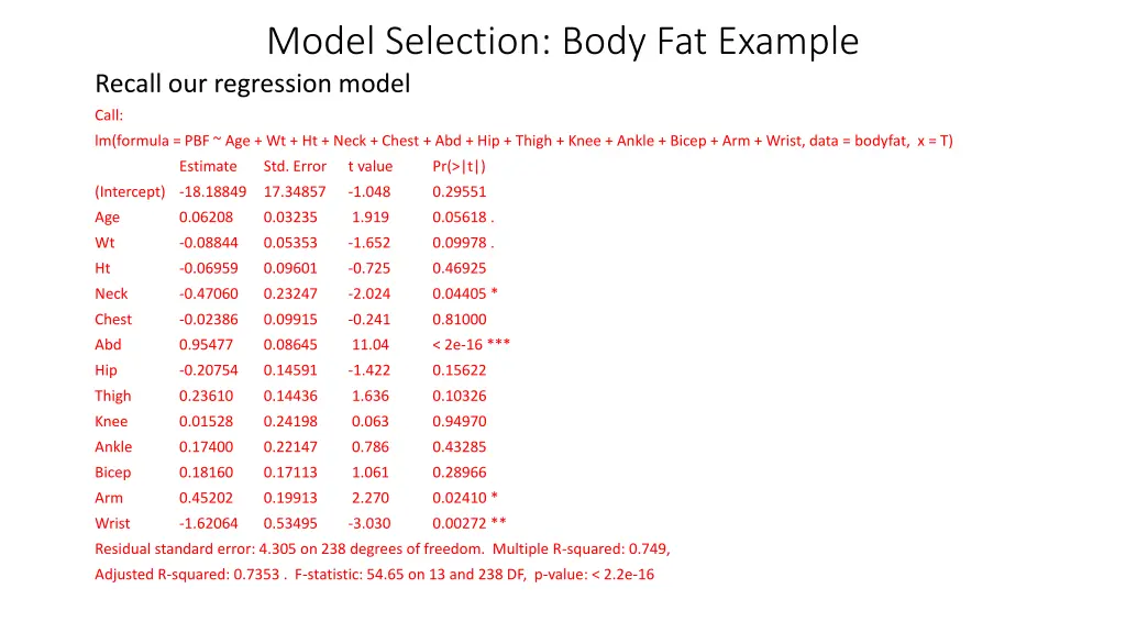 model selection body fat example recall