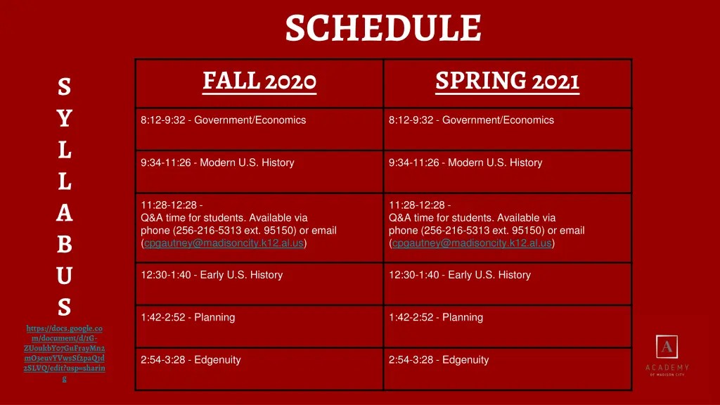 schedule fall 2020