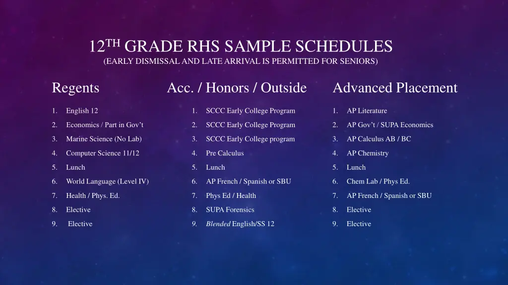 12 th grade rhs sample schedules early dismissal