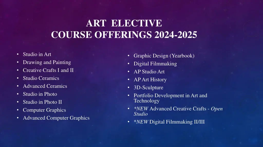 art elective course offerings 2024 2025