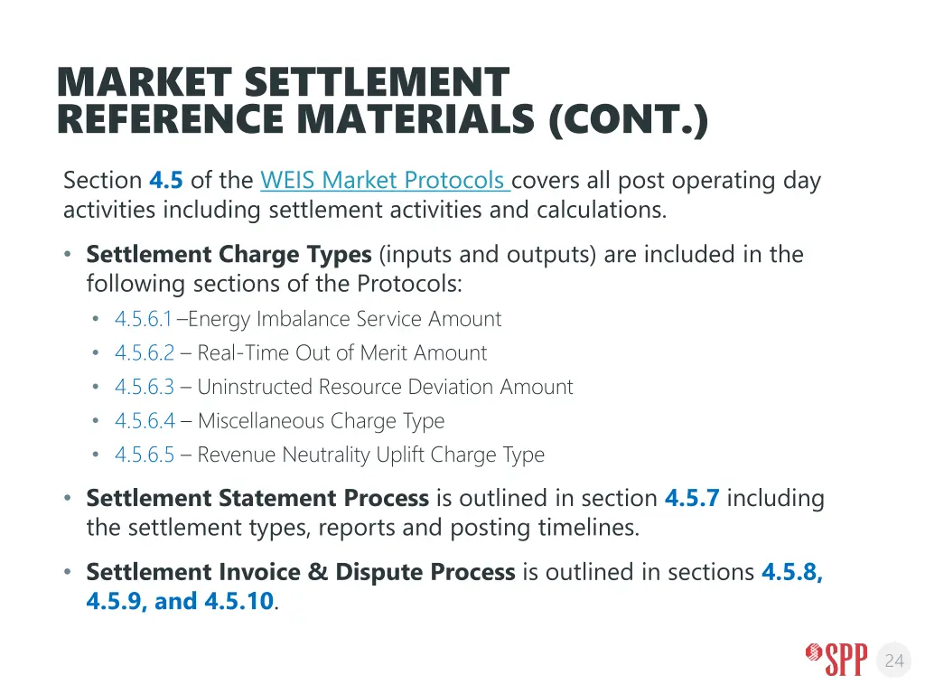 market settlement reference materials cont