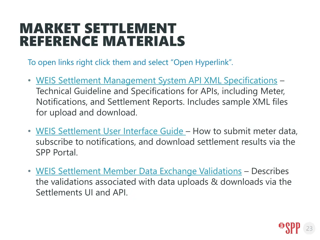 market settlement reference materials