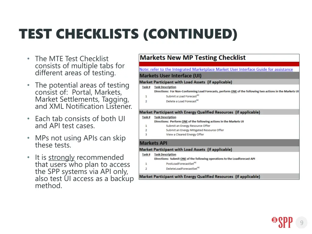 test checklists continued