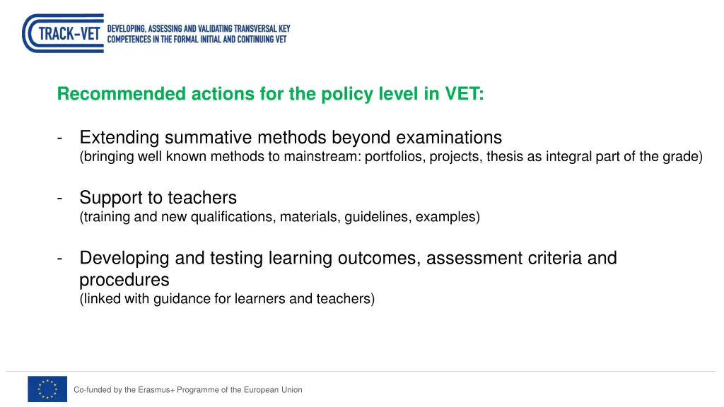 recommended actions for the policy level in vet