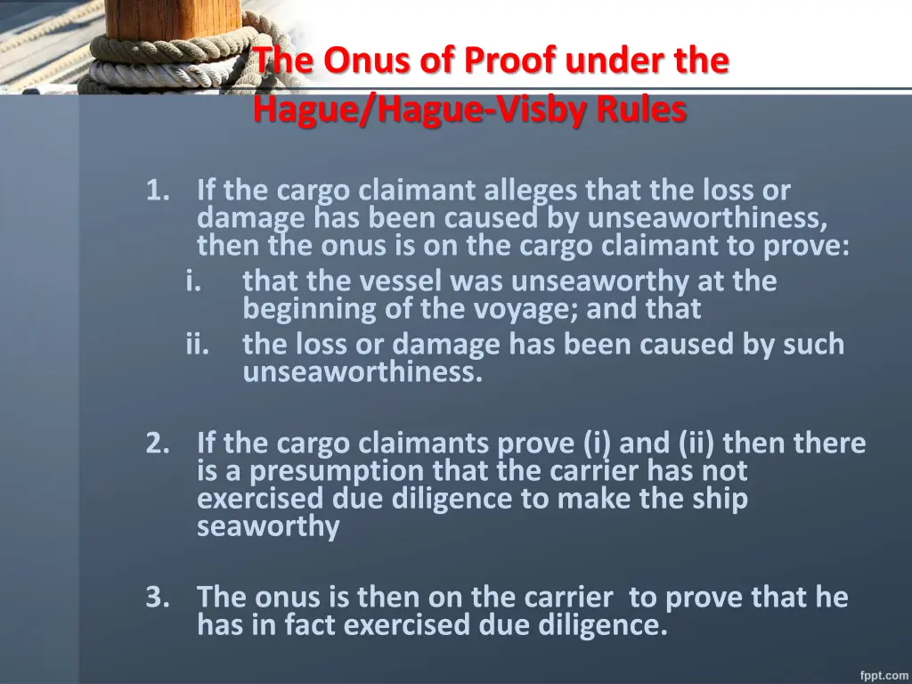 the onus of proof under the hague hague visby