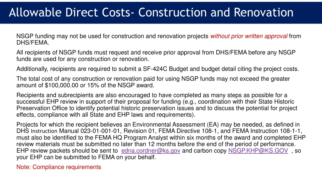allowable direct costs construction and renovation