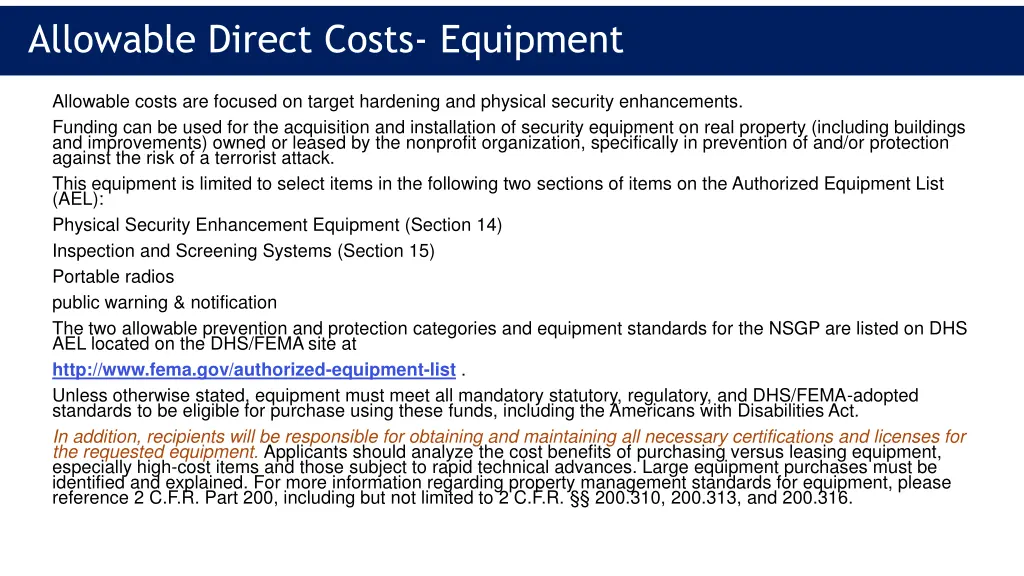 allowable direct costs equipment