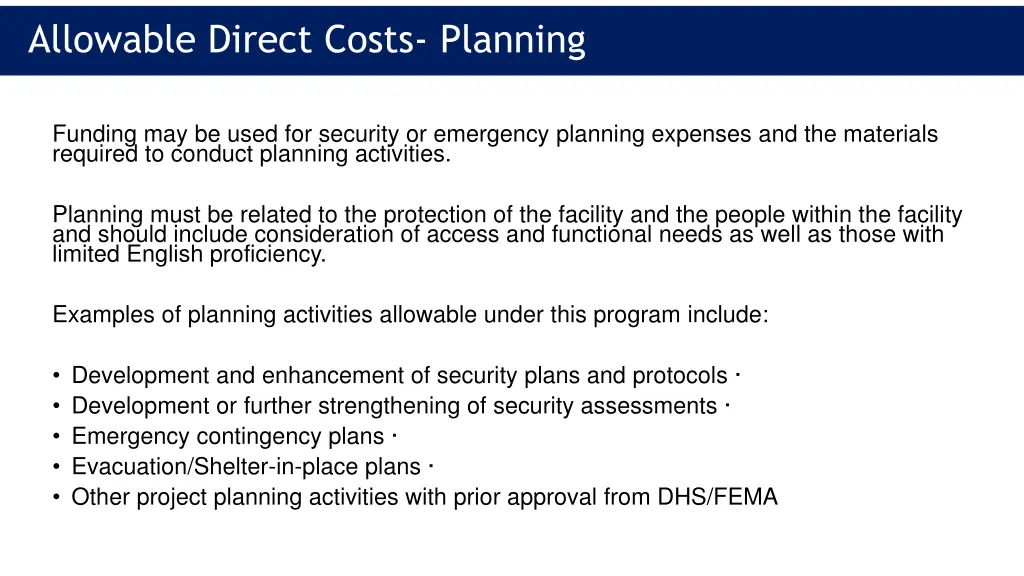 allowable direct costs planning