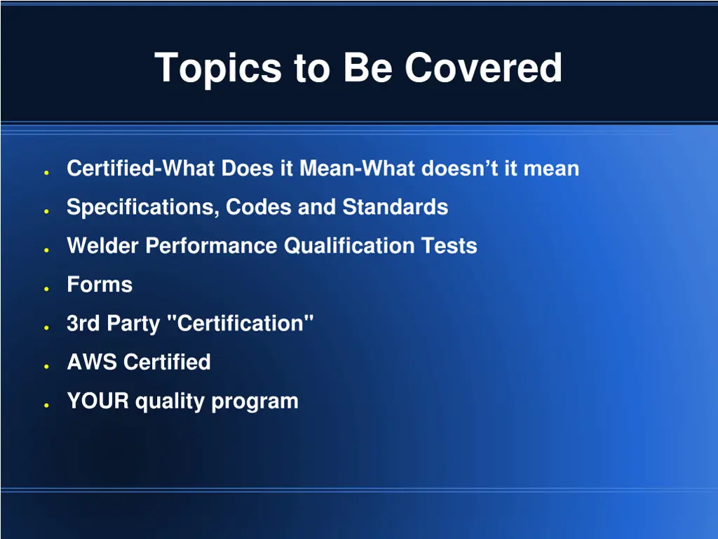 topics to be covered