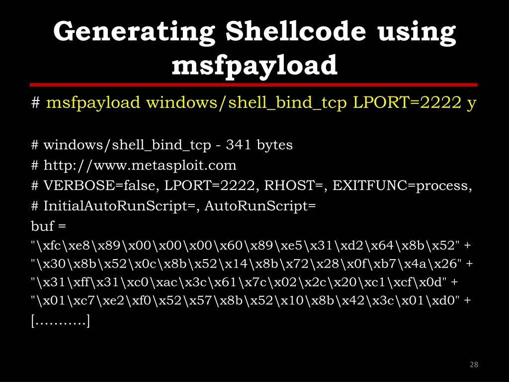 generating shellcode using msfpayload