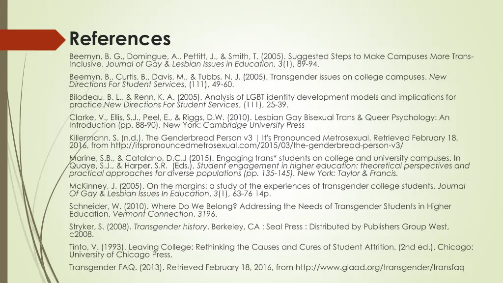 references beemyn b g domingue a pettitt j smith