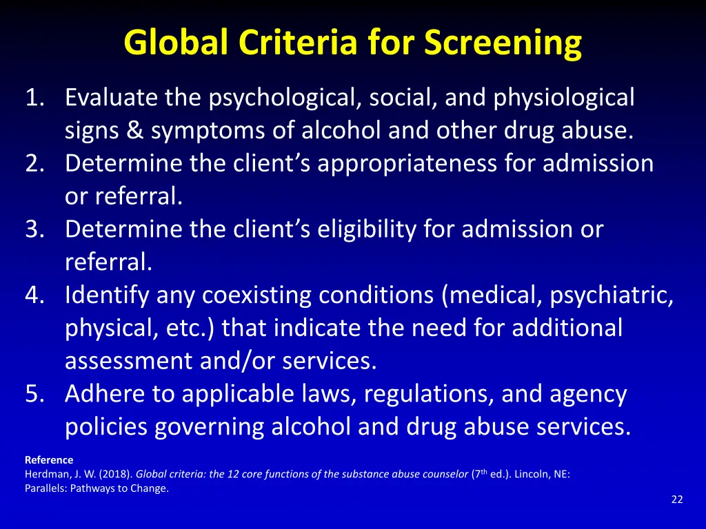global criteria for screening