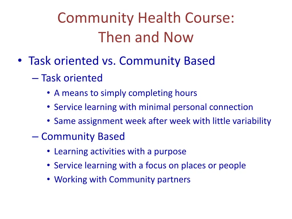 community health course then and now