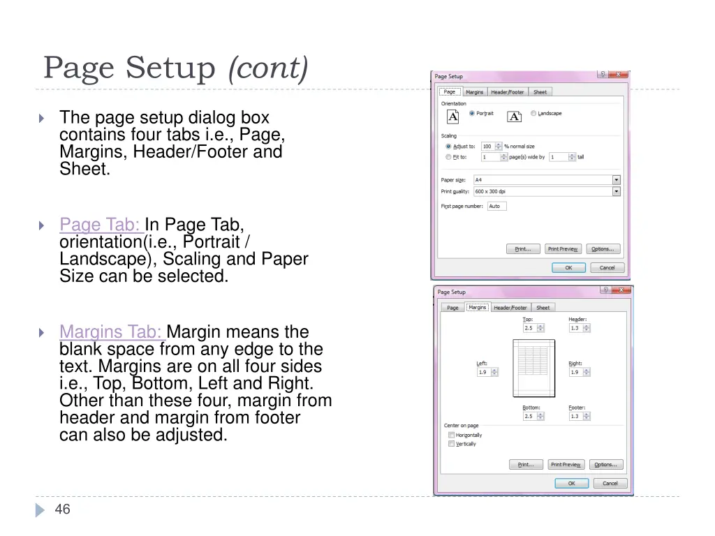 page setup cont