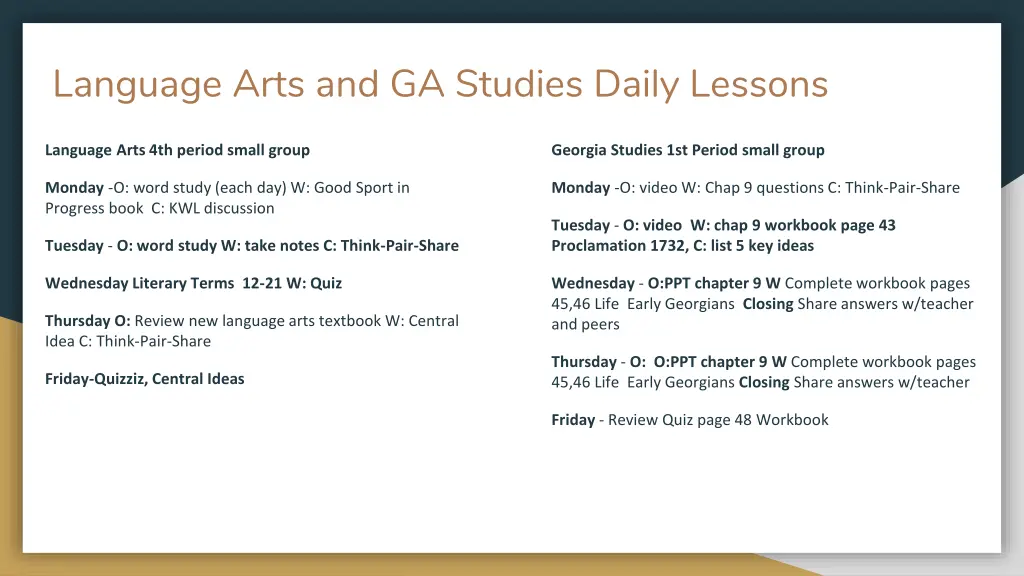 language arts and ga studies daily lessons