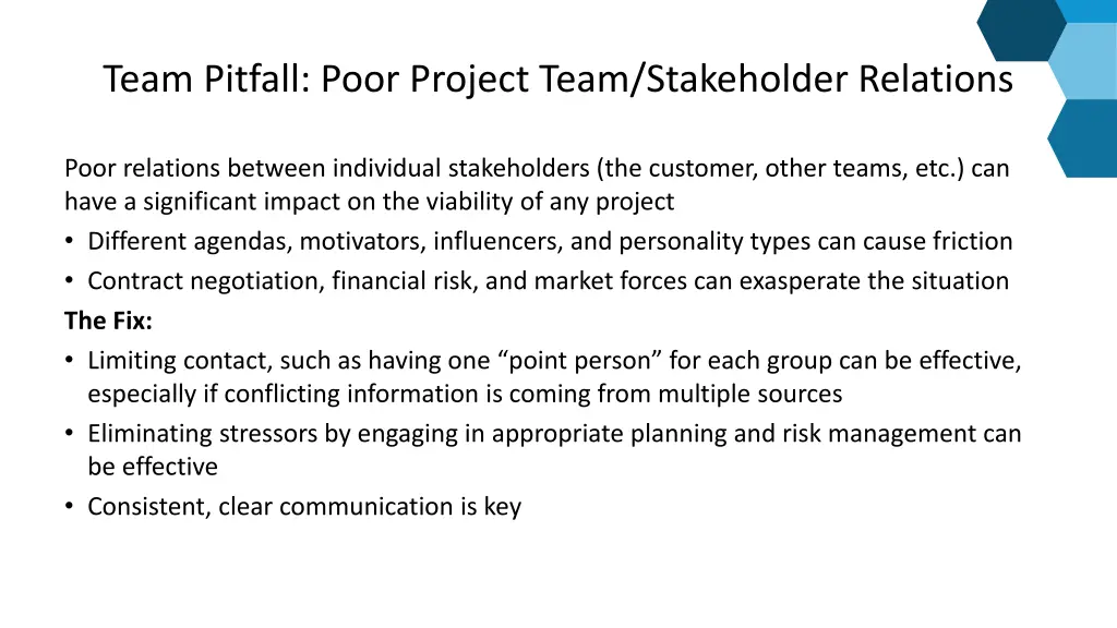 team pitfall poor project team stakeholder