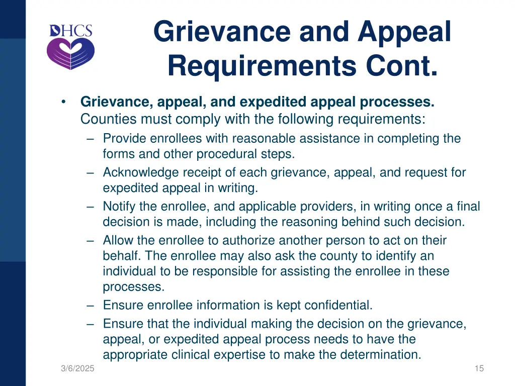grievance and appeal requirements cont