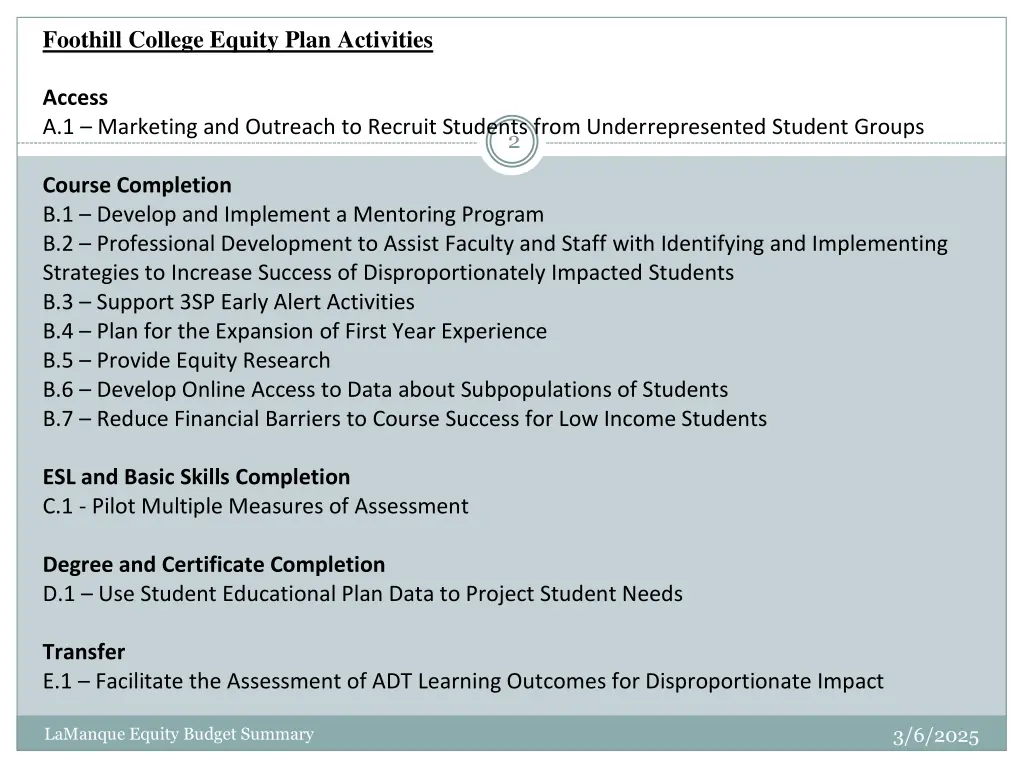 foothill college equity plan activities access