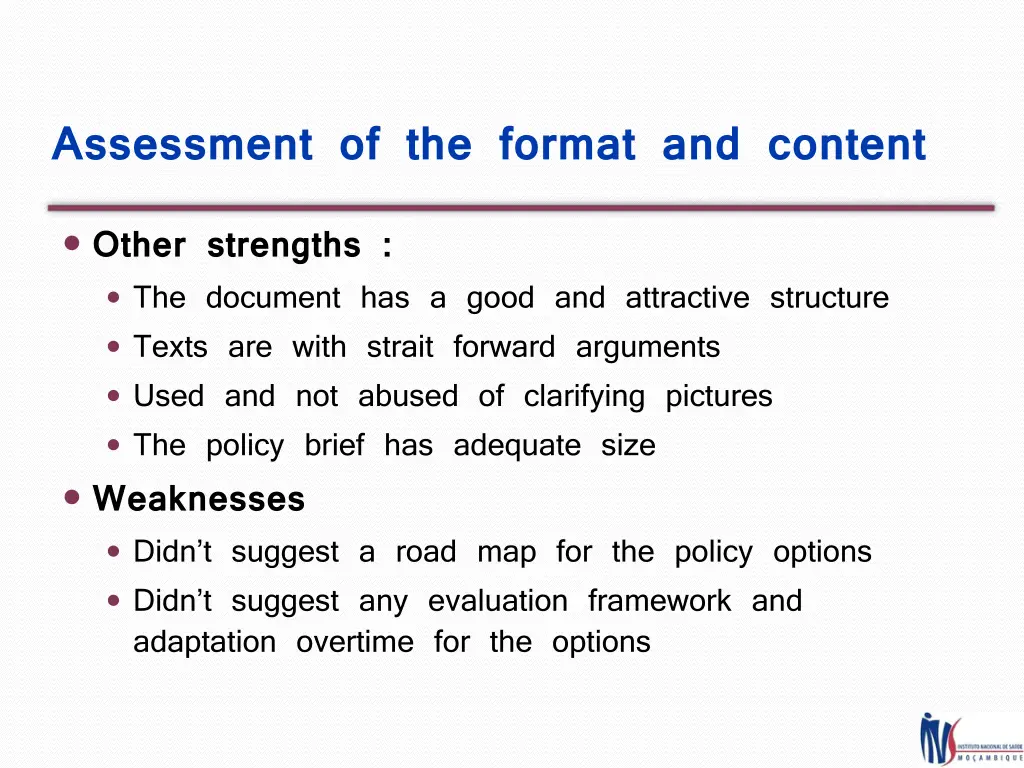 assessment of the format and content