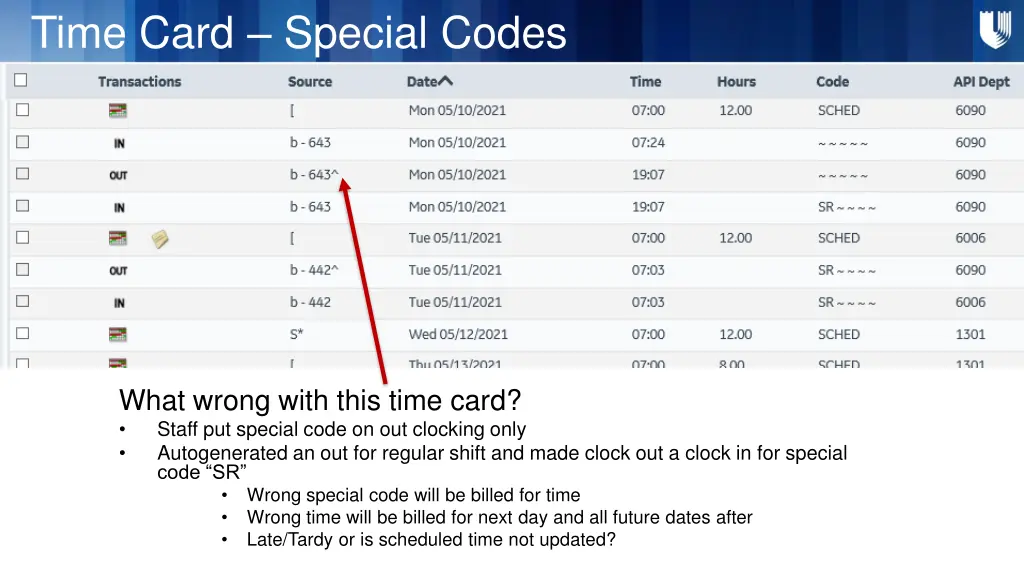 time card special codes