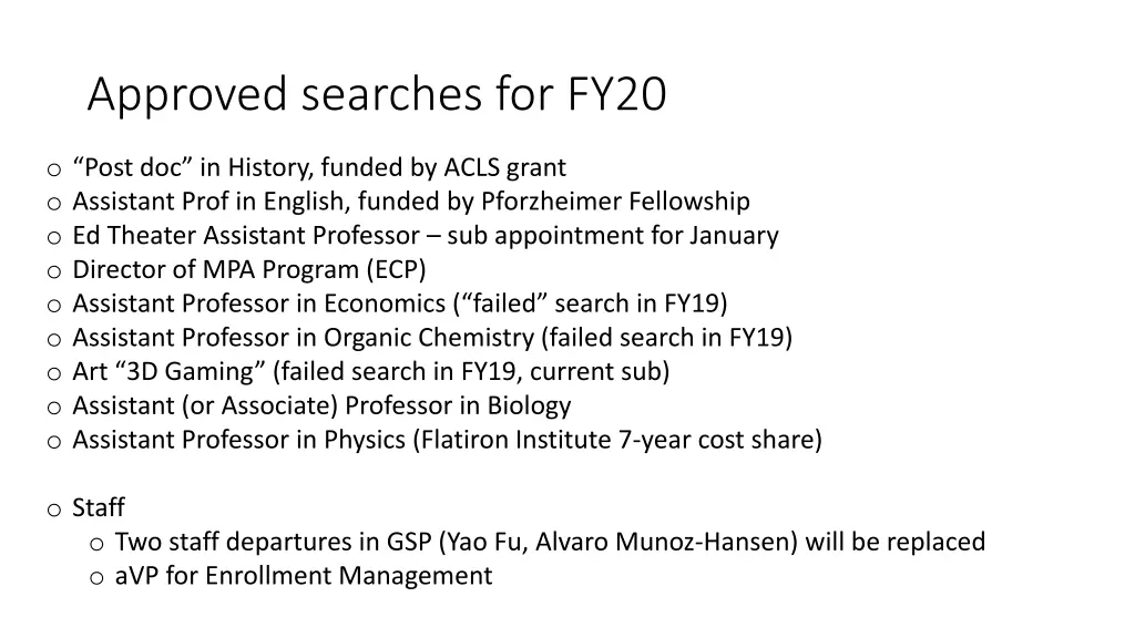 approved searches for fy20