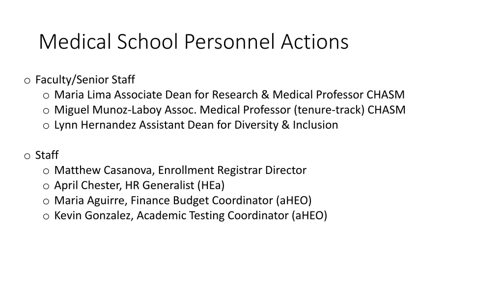 medical school personnel actions
