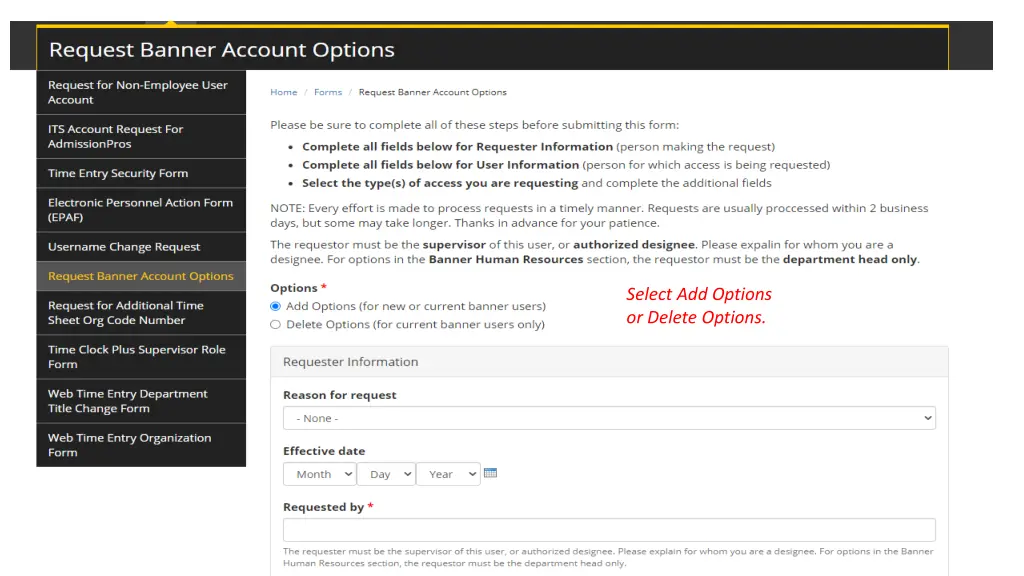 select add options or delete options