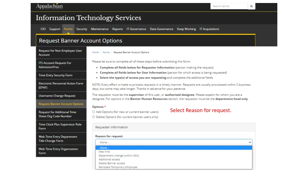 select reason for request