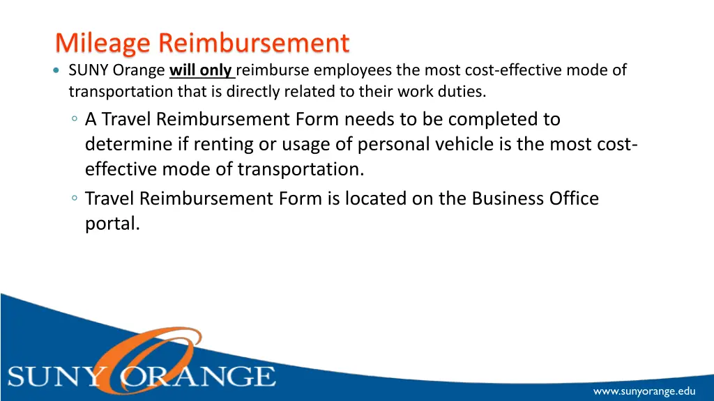 mileage reimbursement suny orange will only