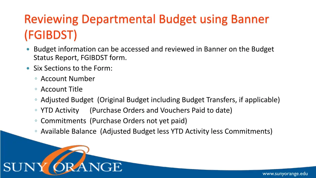 reviewing departmental budget using banner fgibdst