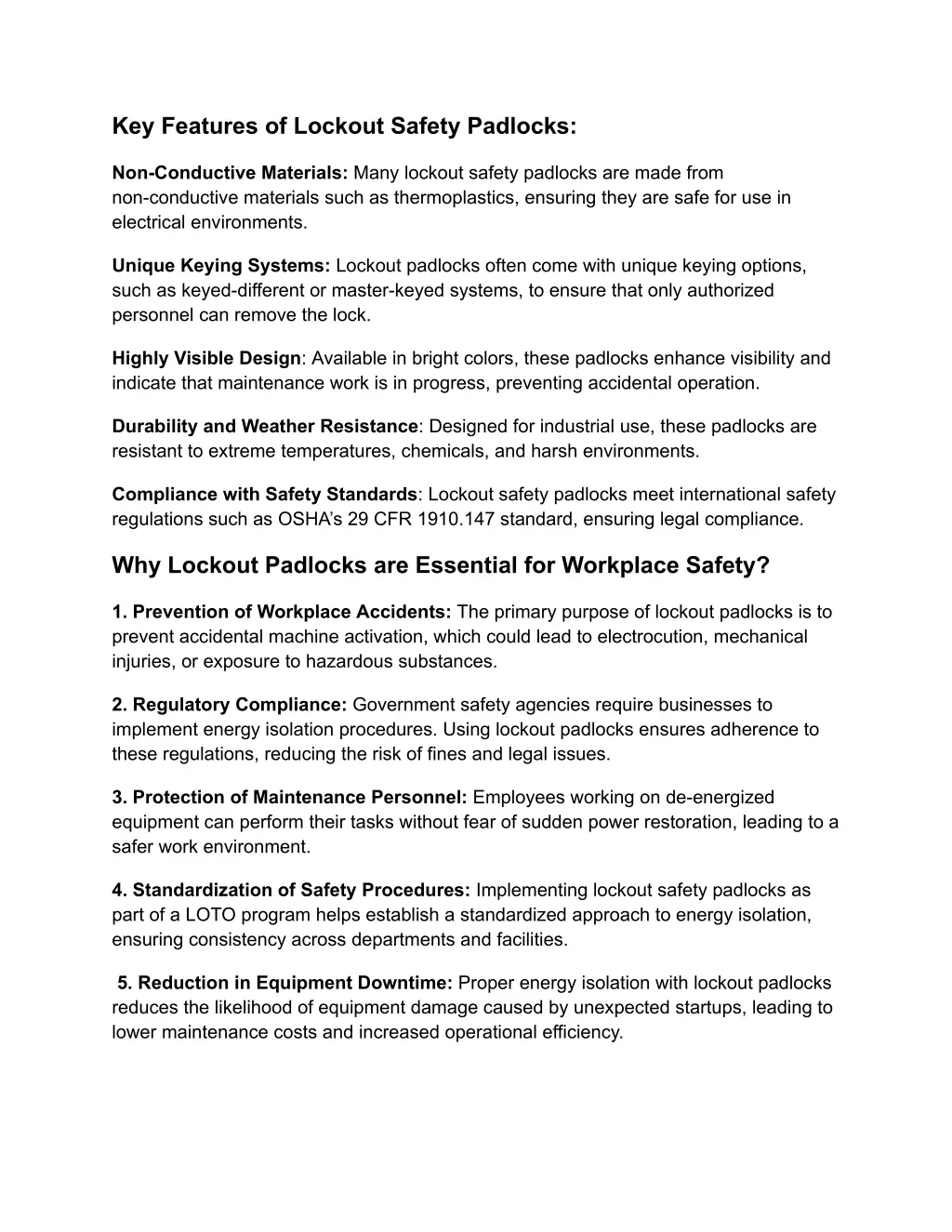 key features of lockout safety padlocks