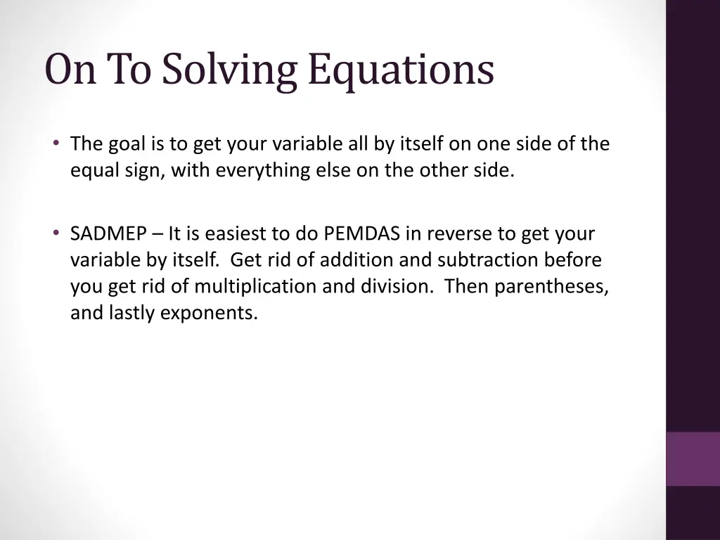 on to solving equations