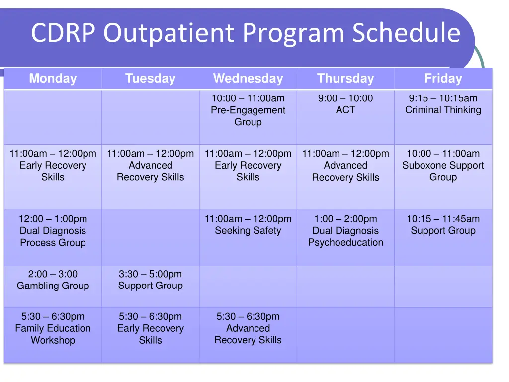 cdrp outpatient program schedule