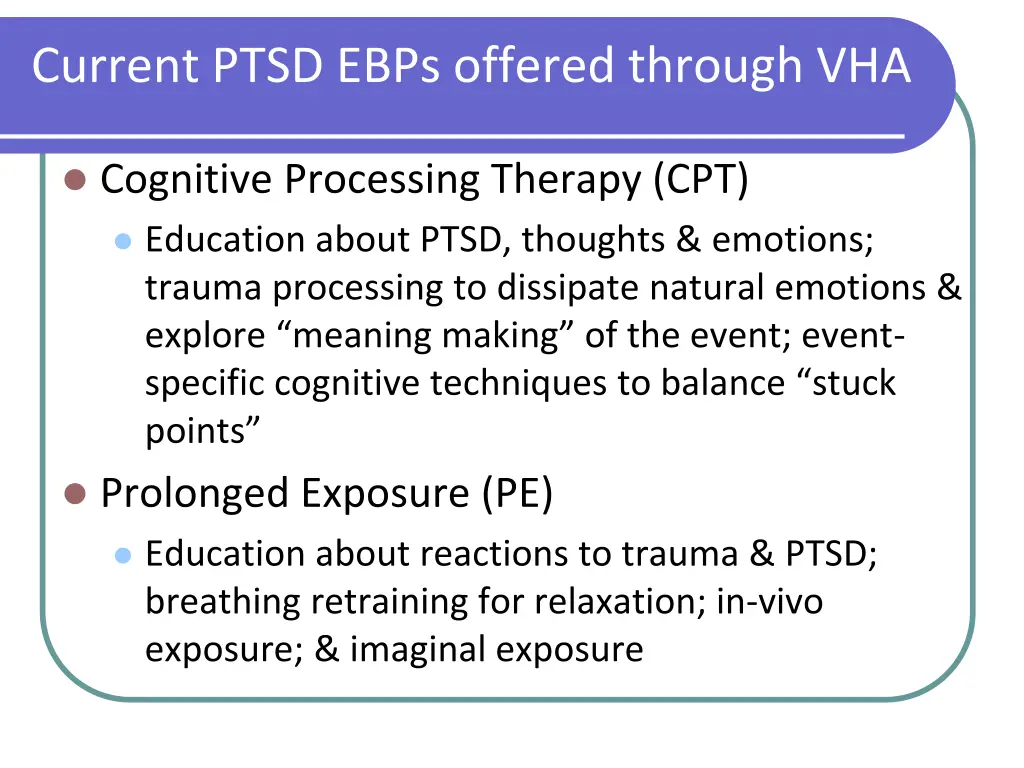 current ptsd ebps offered through vha