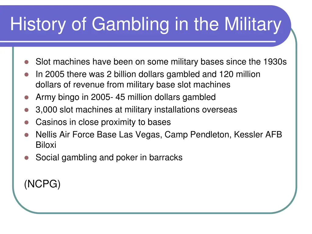 history of gambling in the military
