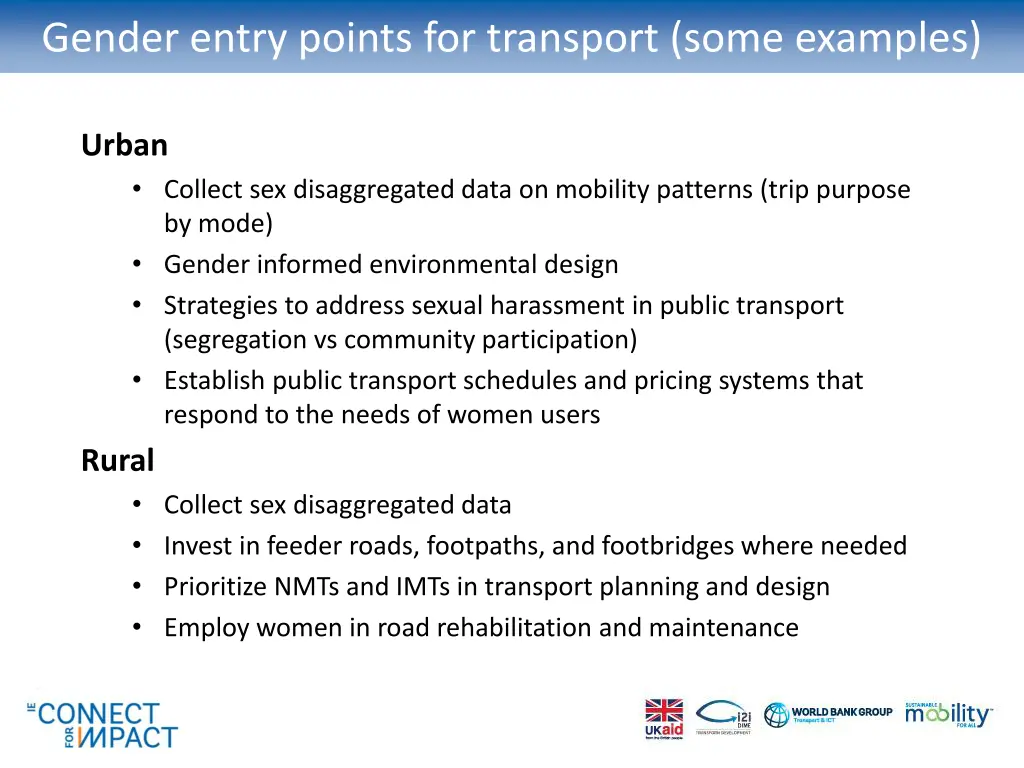 gender entry points for transport some examples
