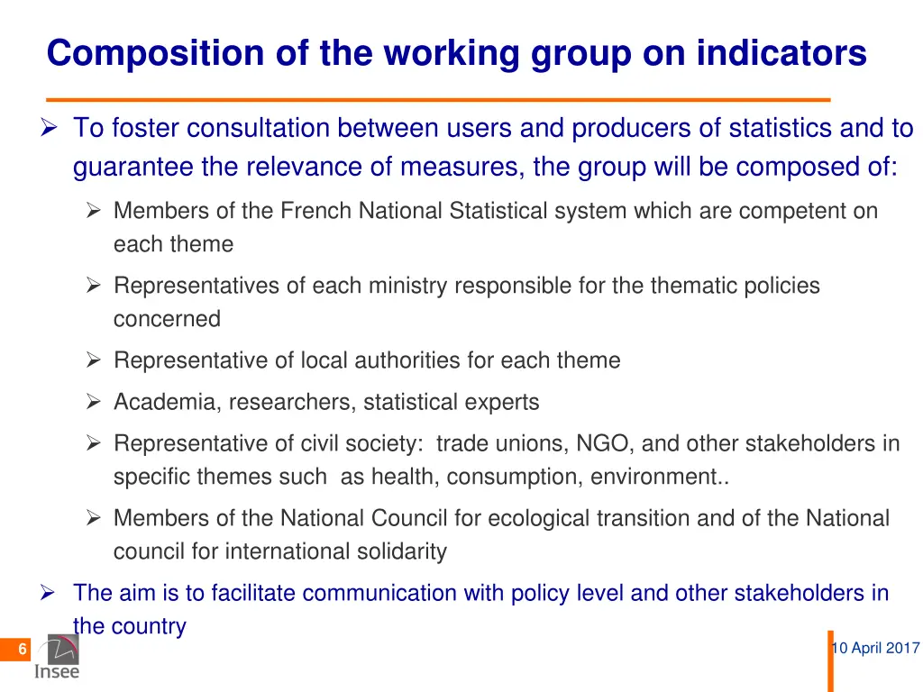 composition of the working group on indicators