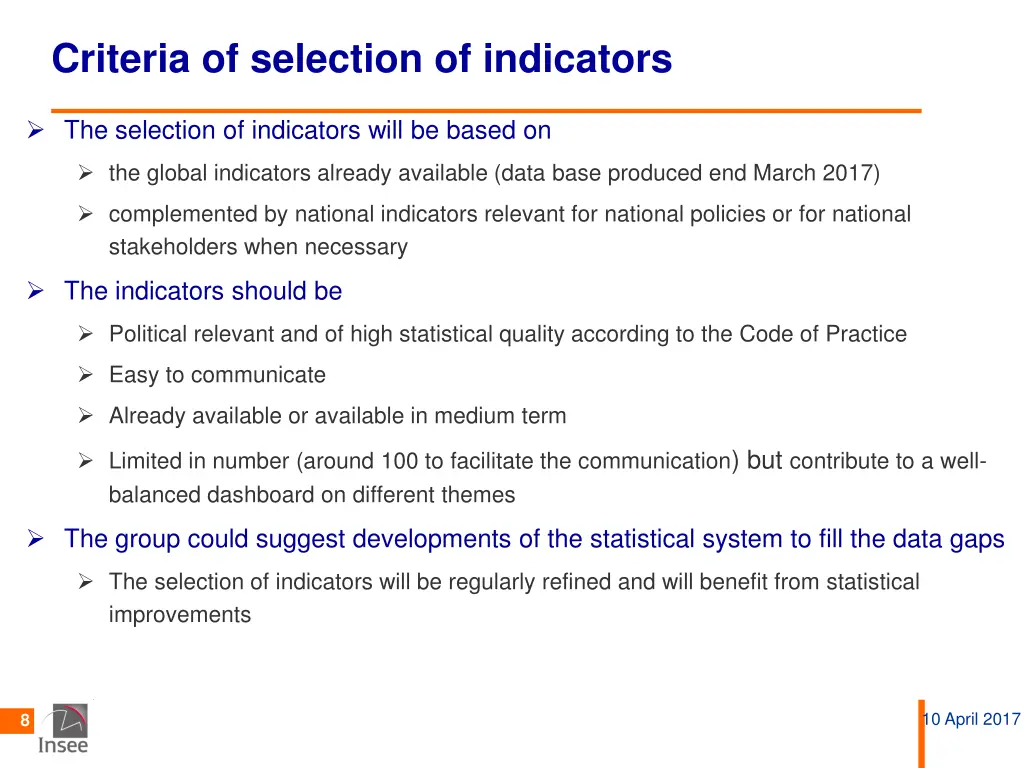 criteria of selection of indicators