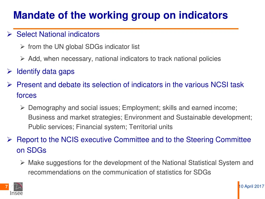 mandate of the working group on indicators