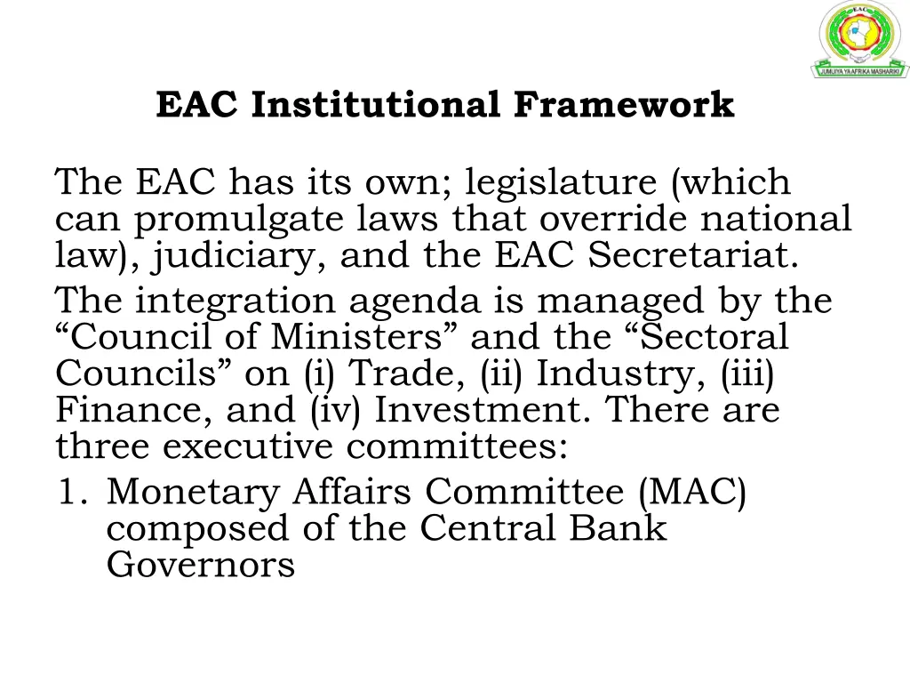eac institutional framework