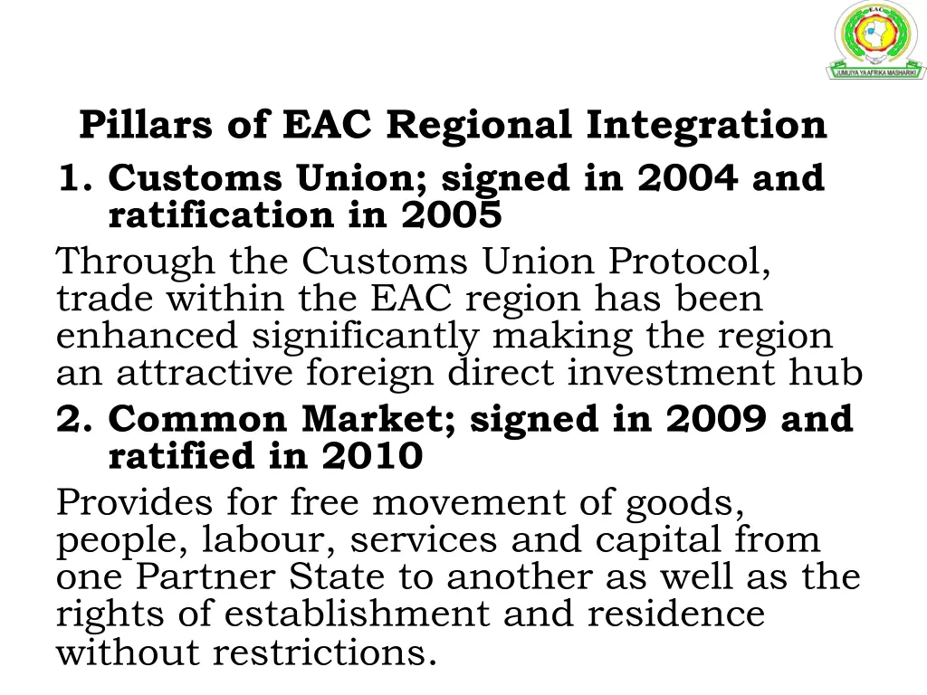 pillars of eac regional integration 1 customs