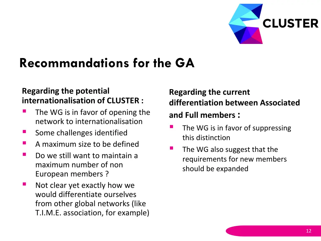 recommandations for the ga