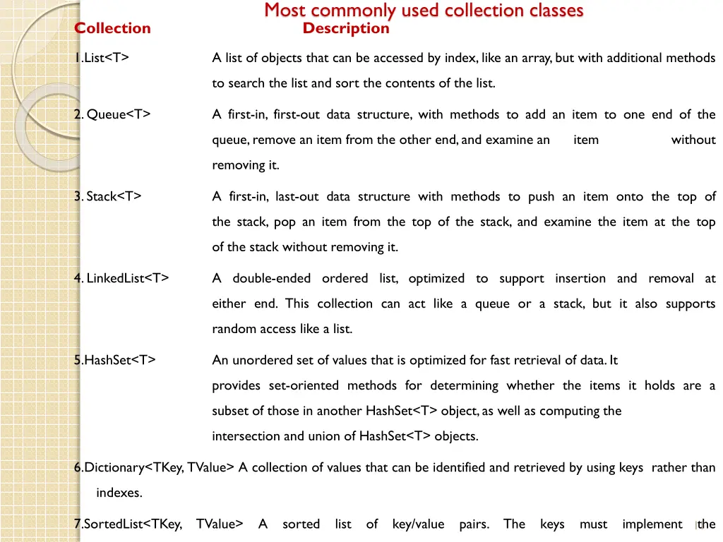 most commonly used collection classes description