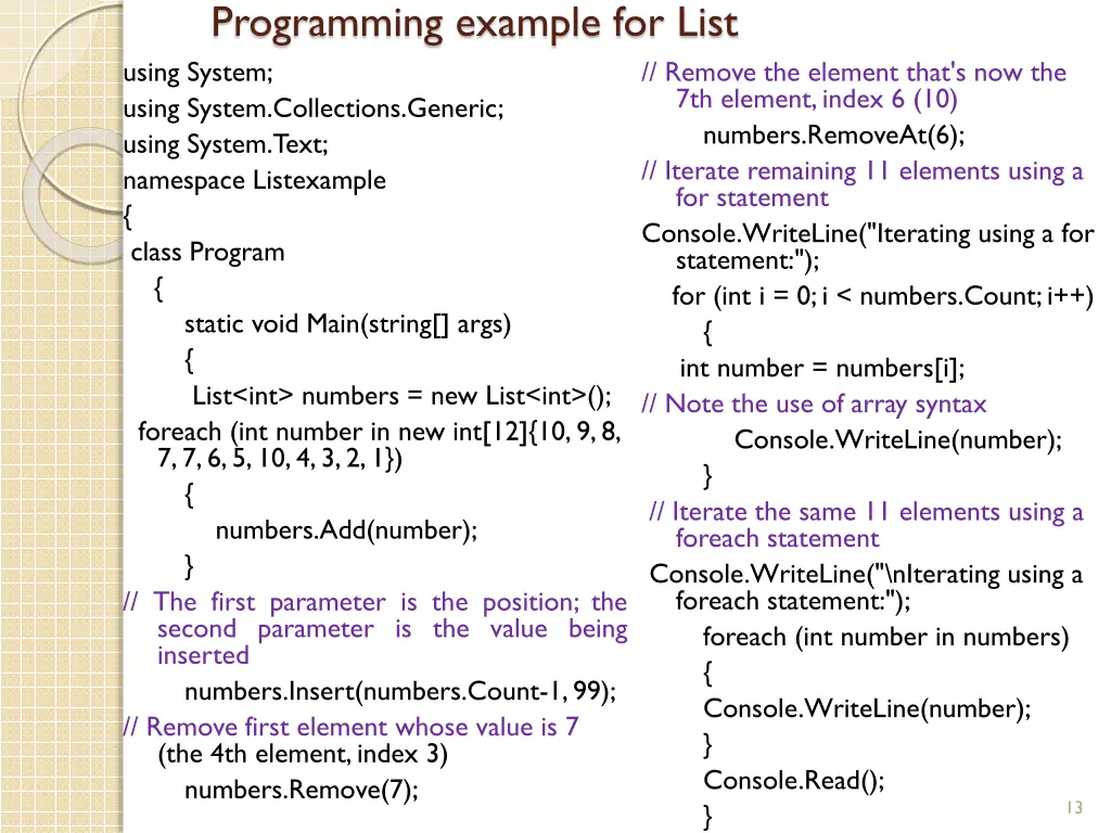 programming example for list using system using