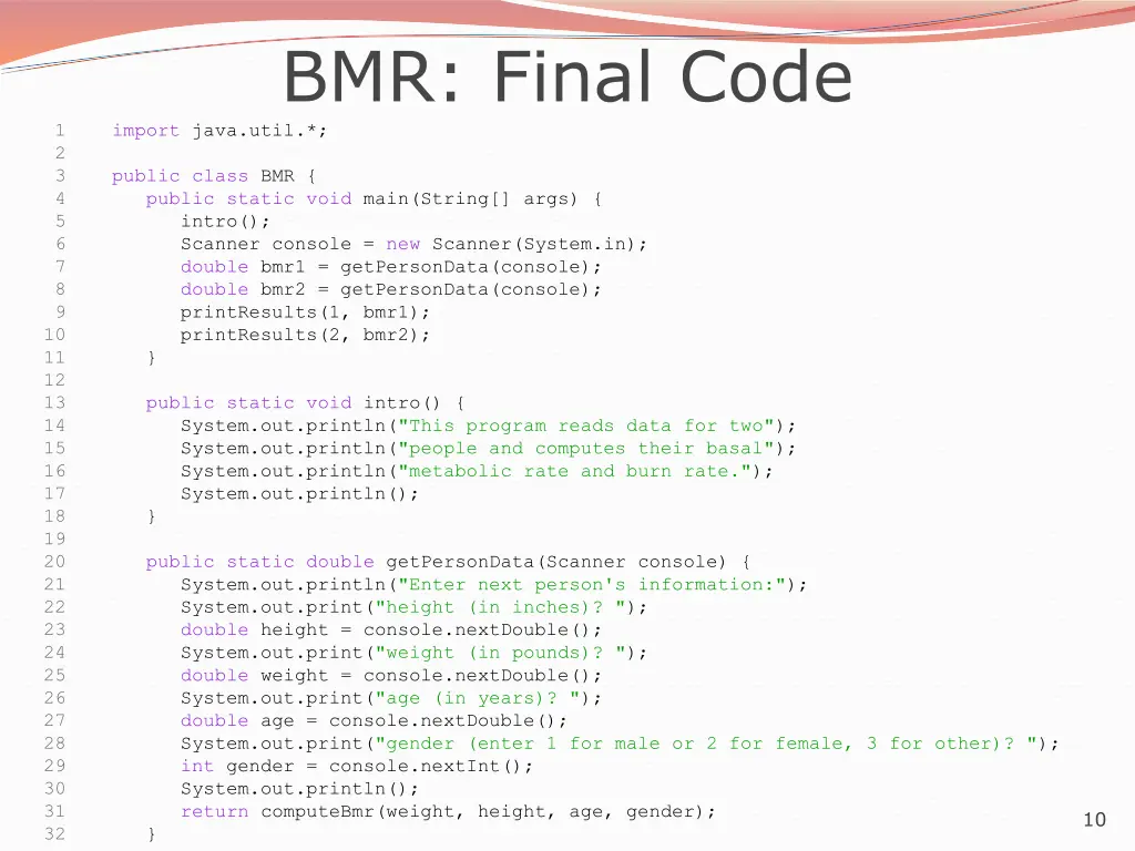 bmr final code import java util